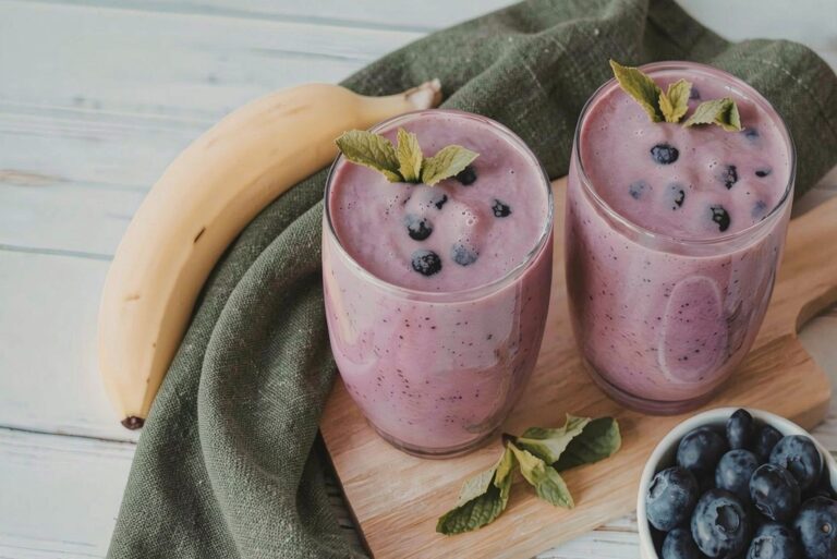 Due bicchieri di frullato ai mirtilli, banana e datteri appoggiati su un tagliere accanto ad una banana e una ciotola di mirtilli